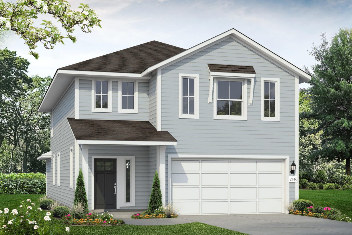 Exterior of blue two-story home with a white garage and landscaping
