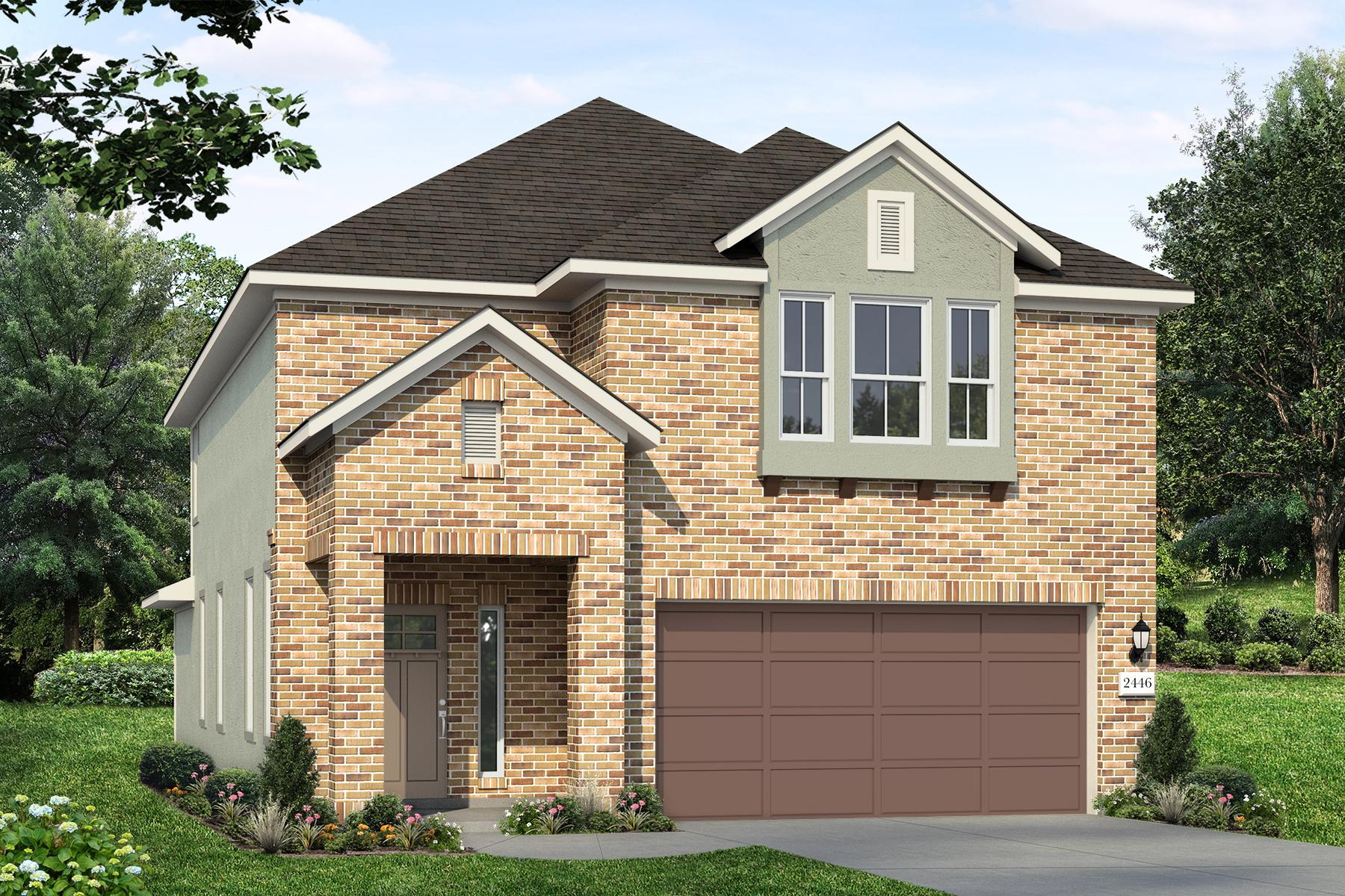 Rendering of two story home with earth toned masonry, green accent, and brown garage surrounded by landscape and blue sky.
