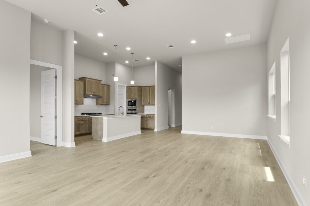 View of kitchen and living room from living room angle