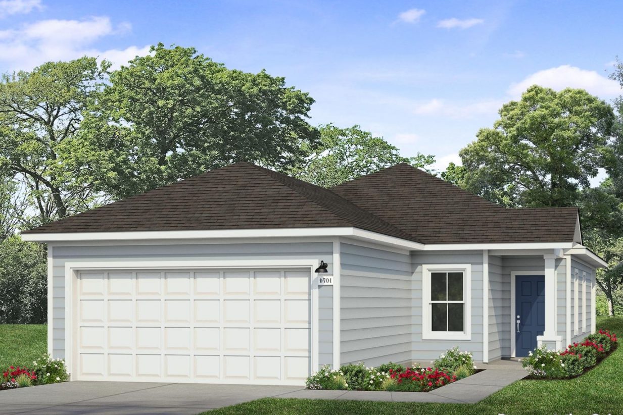 Rendering image of front exterior view of one-story home with a blue exterior and garage door on the left side