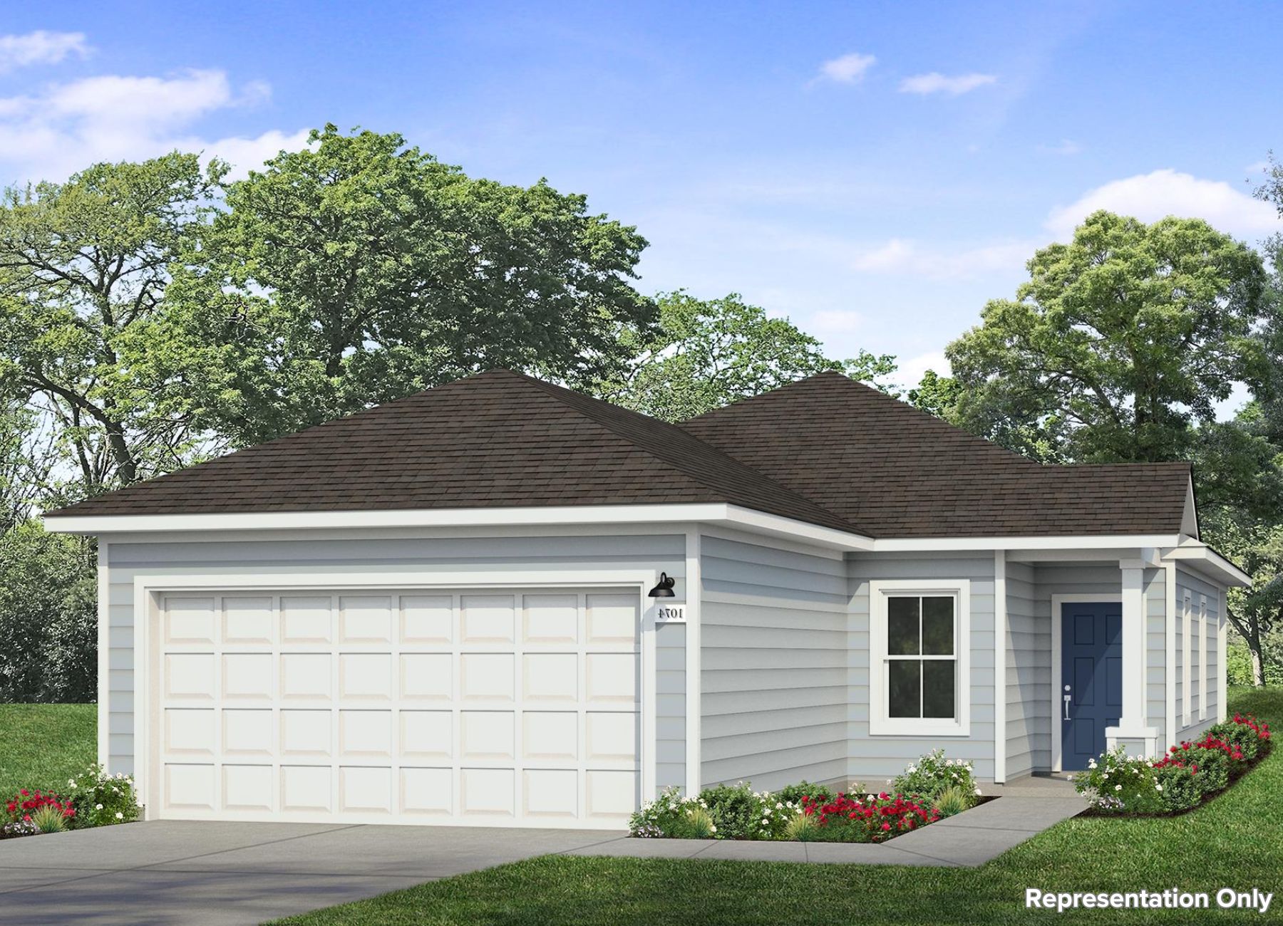 Rendering image of front exterior view of one-story home with a blue exterior and garage door on the left side