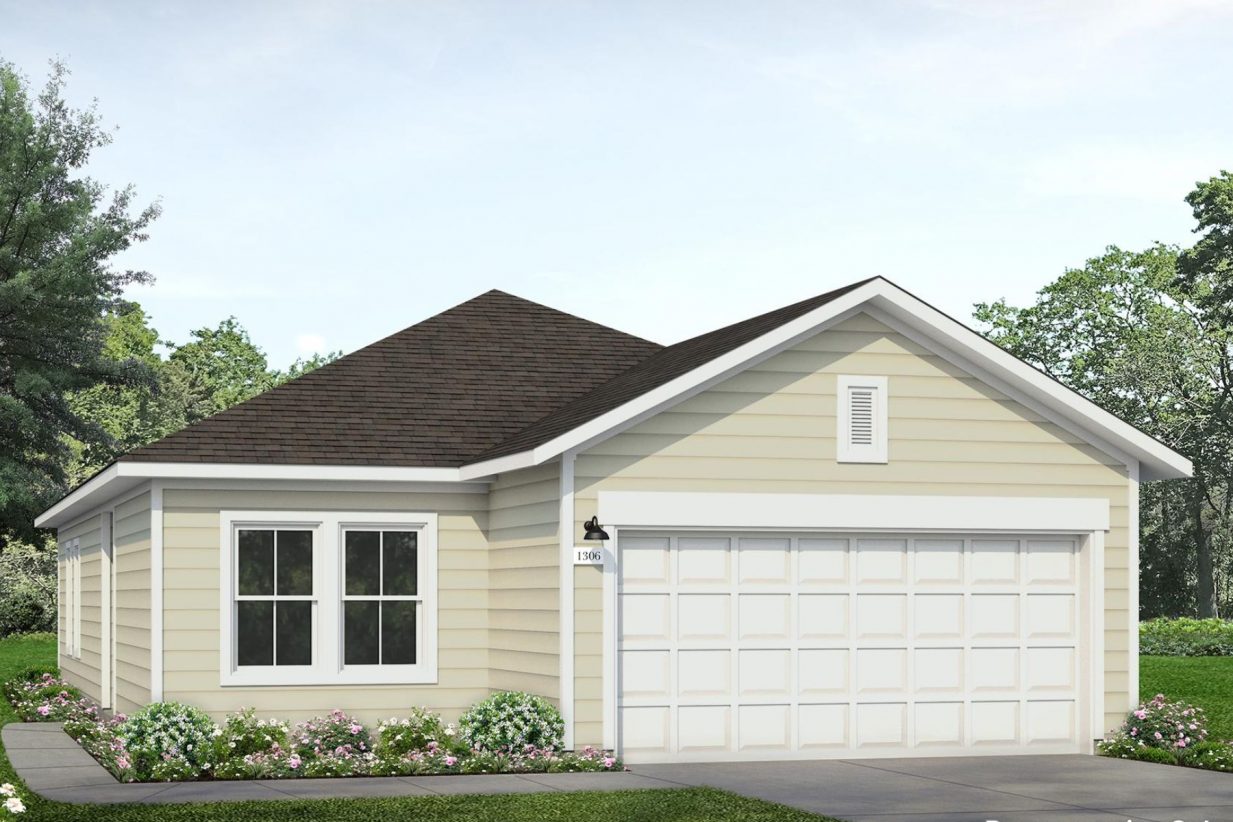 Rendering image of front exterior of home with beige painting and garage on right side