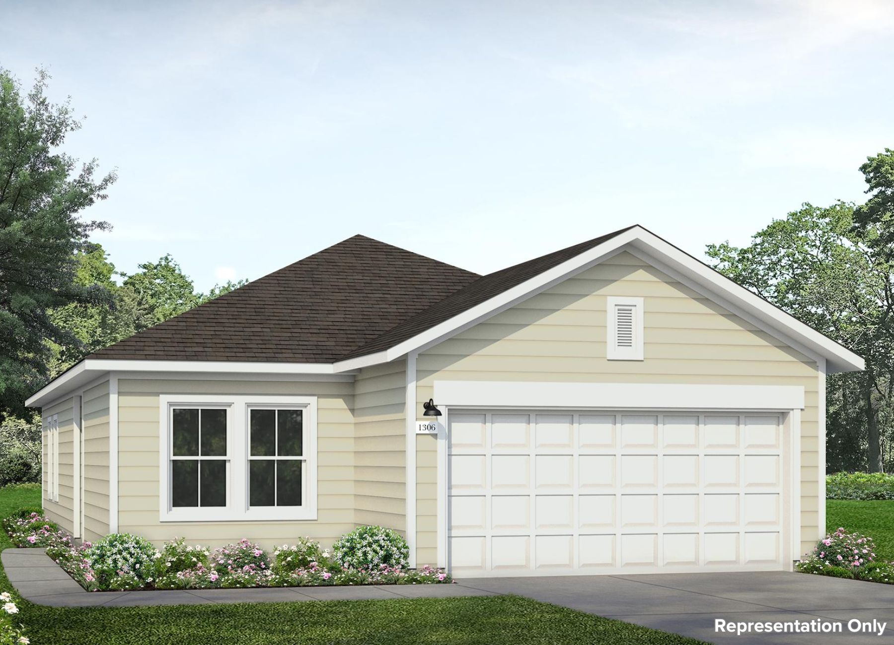 Rendering image of front exterior of home with beige painting and garage on right side