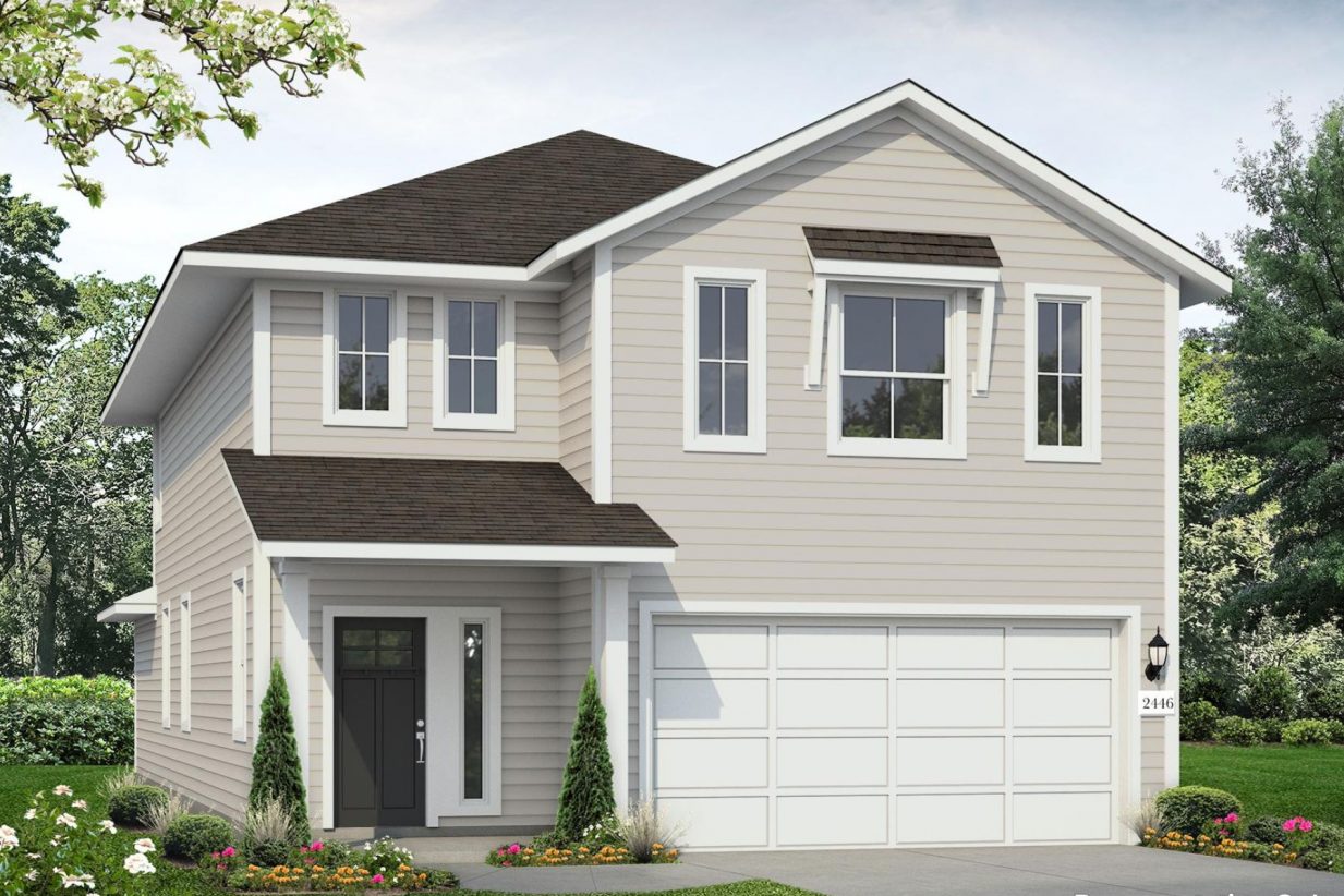 Rendering image of front exterior of two story home with beige paint and garage on right side