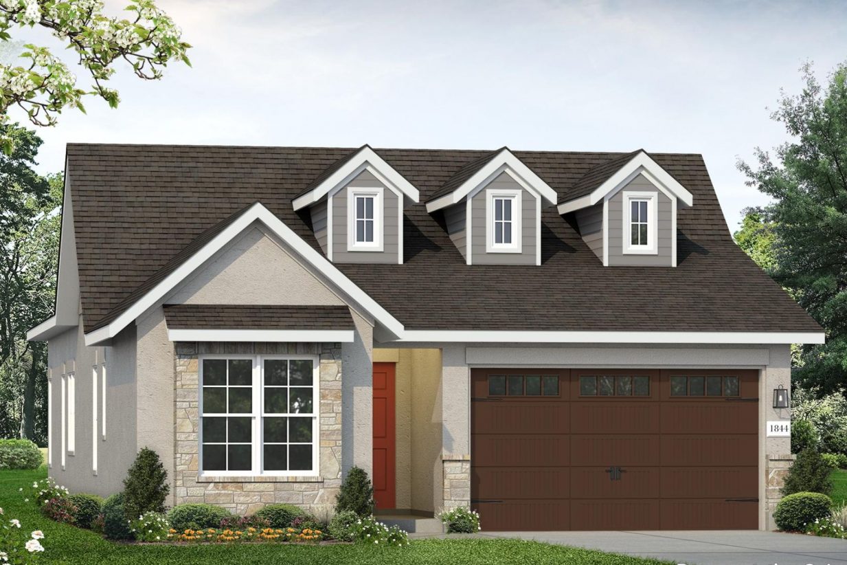 Rendering image of view of front exterior of 1 story home with a red door and attached brown garage on the right side