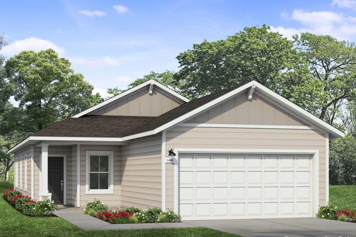 Rendering image of front exterior of one story home with attached garage on the right side