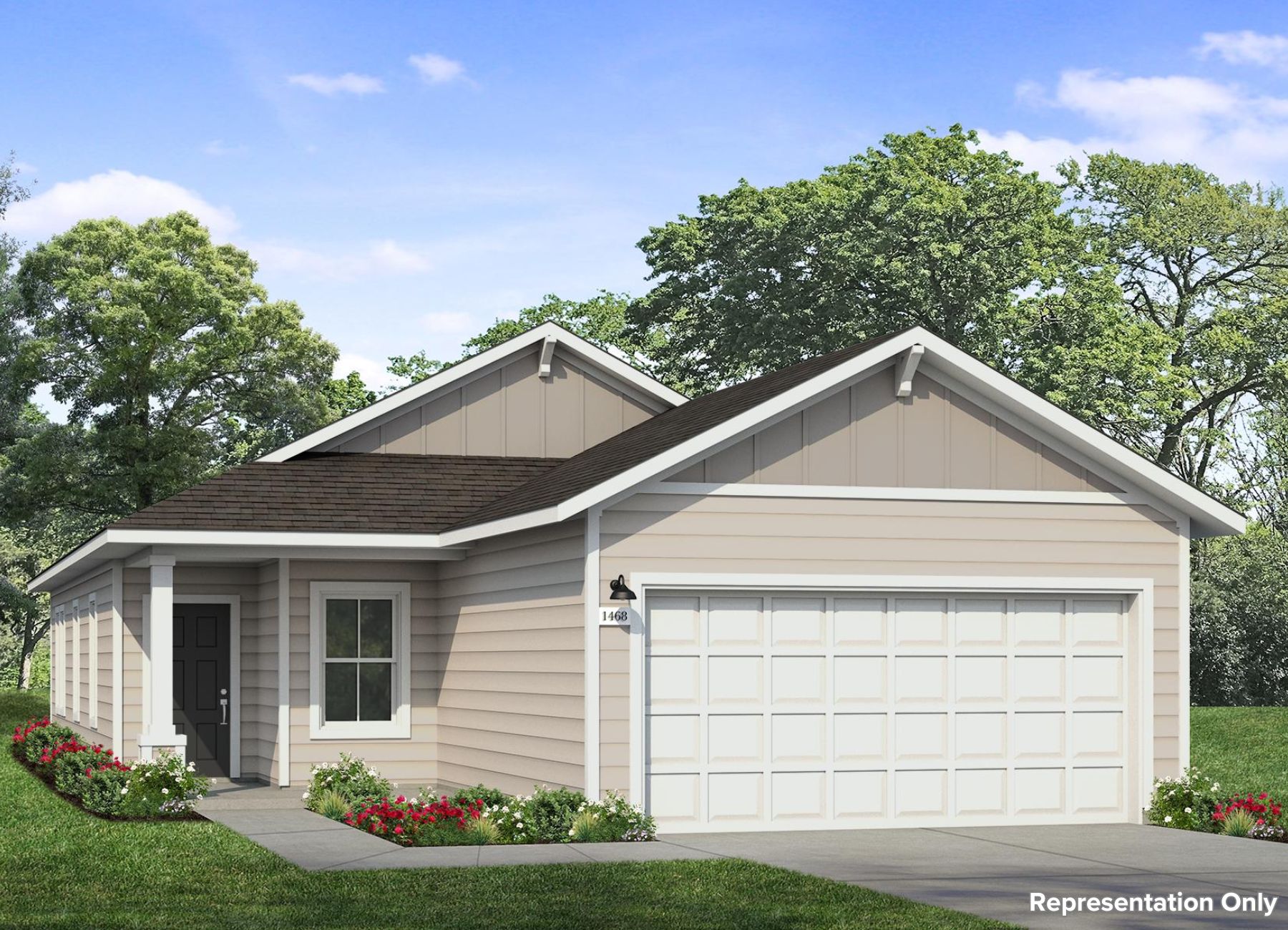 Rendering image of front exterior of one story home with attached garage on the right side