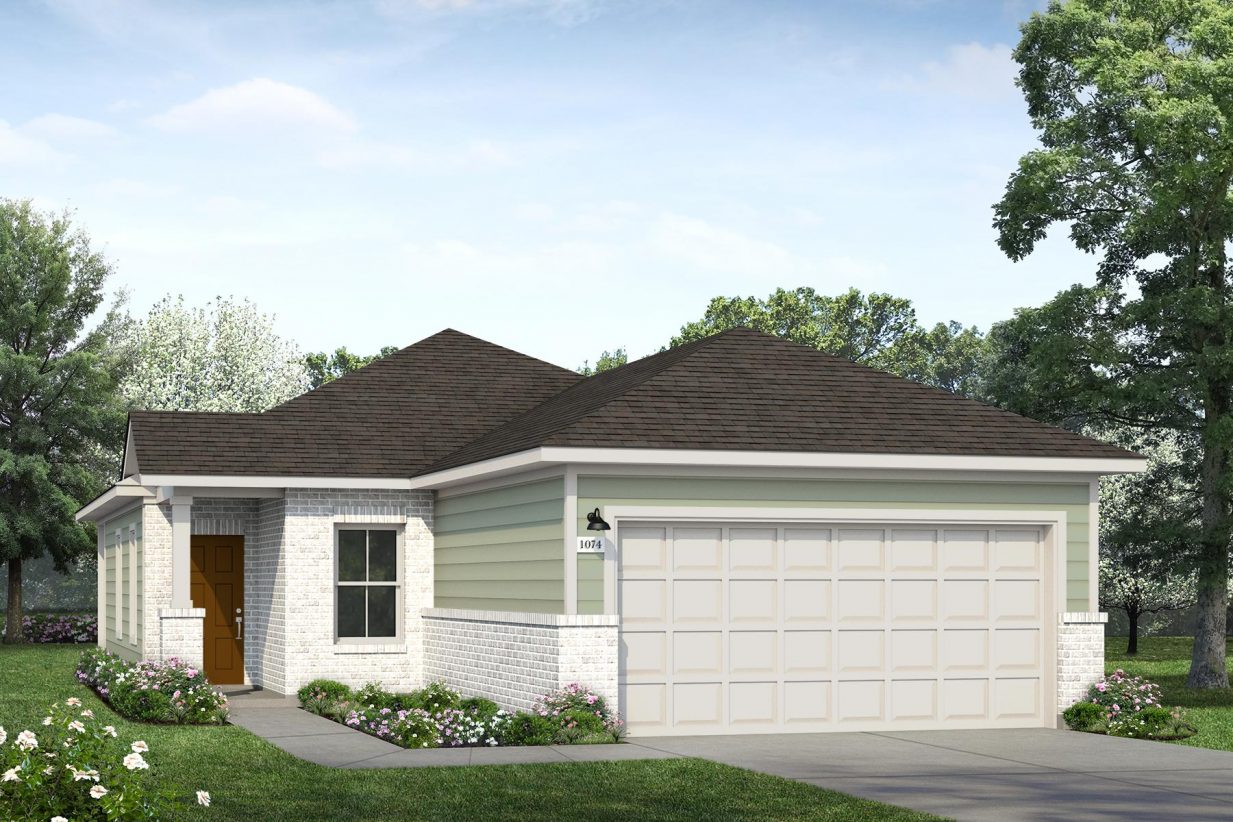 Rendering of one story home with white brick, green siding, and brown door
