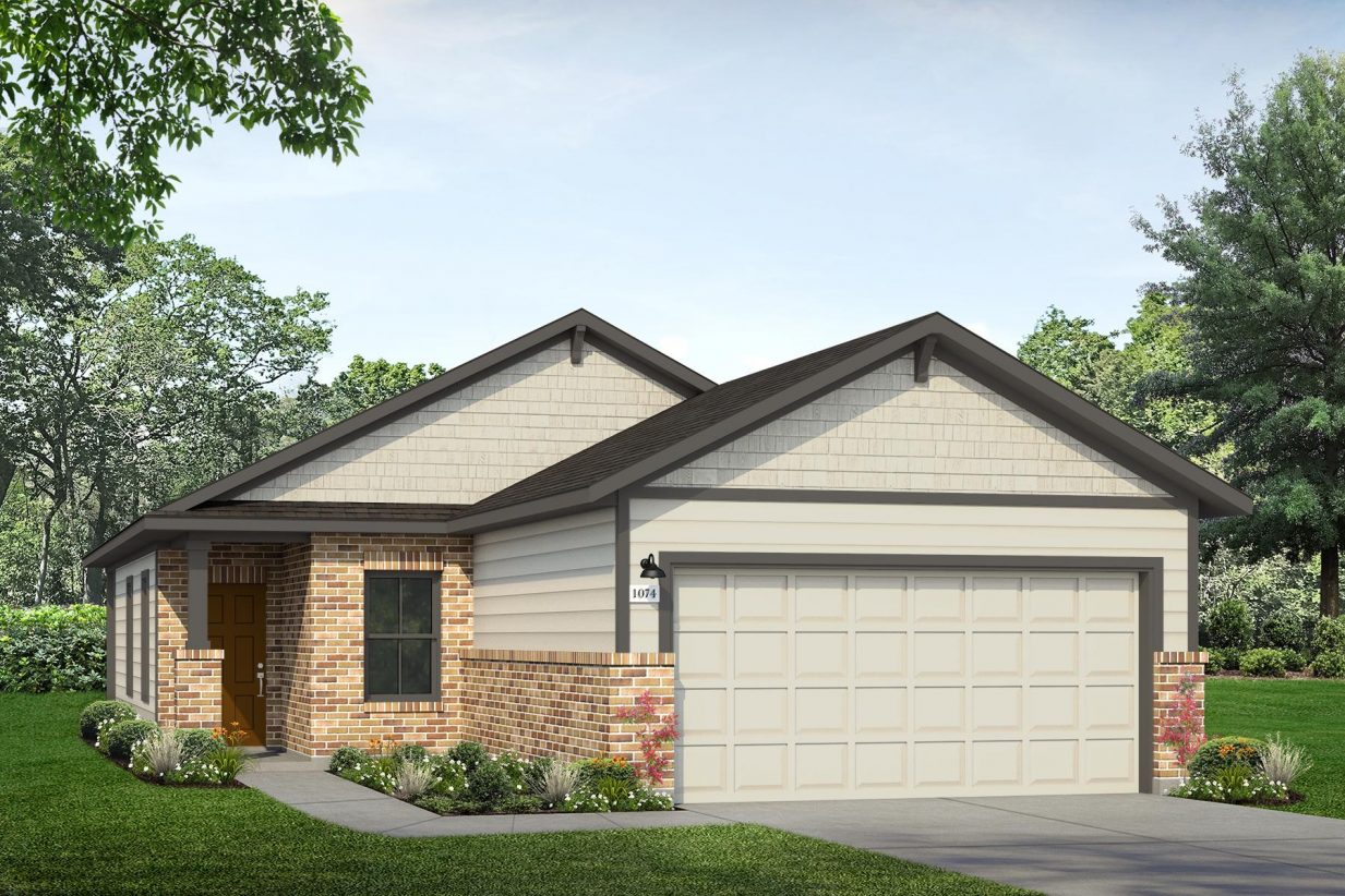 Rendering of one story home with brick, light tan siding, dark trim, and brown door