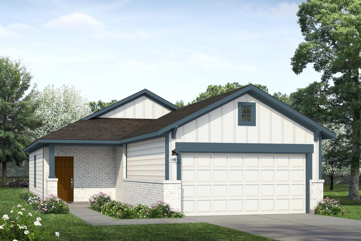 Rendering of one story home with white brick, siding, and garage, teal accents, and brown door