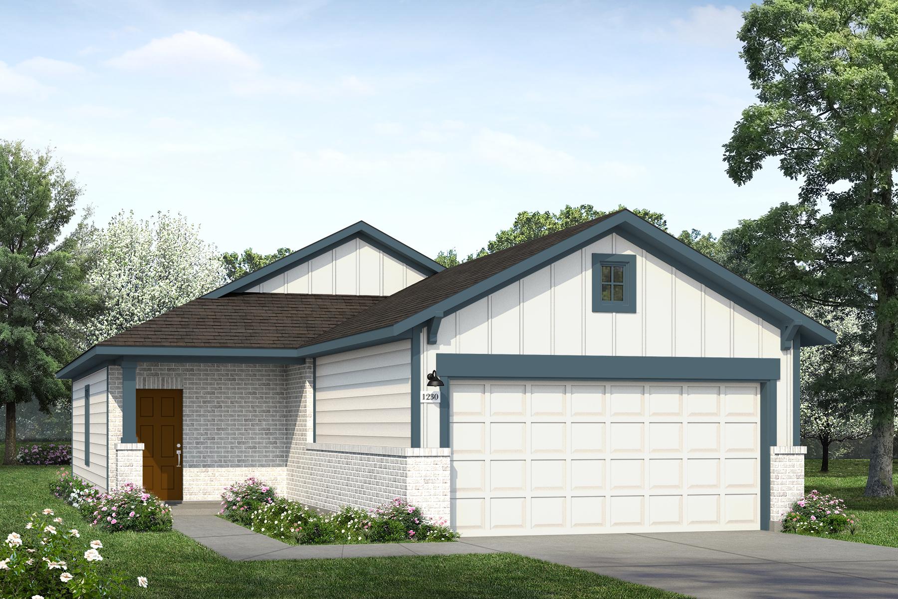 Rendering of one story home with white brick, siding, and garage, teal accents, and brown door