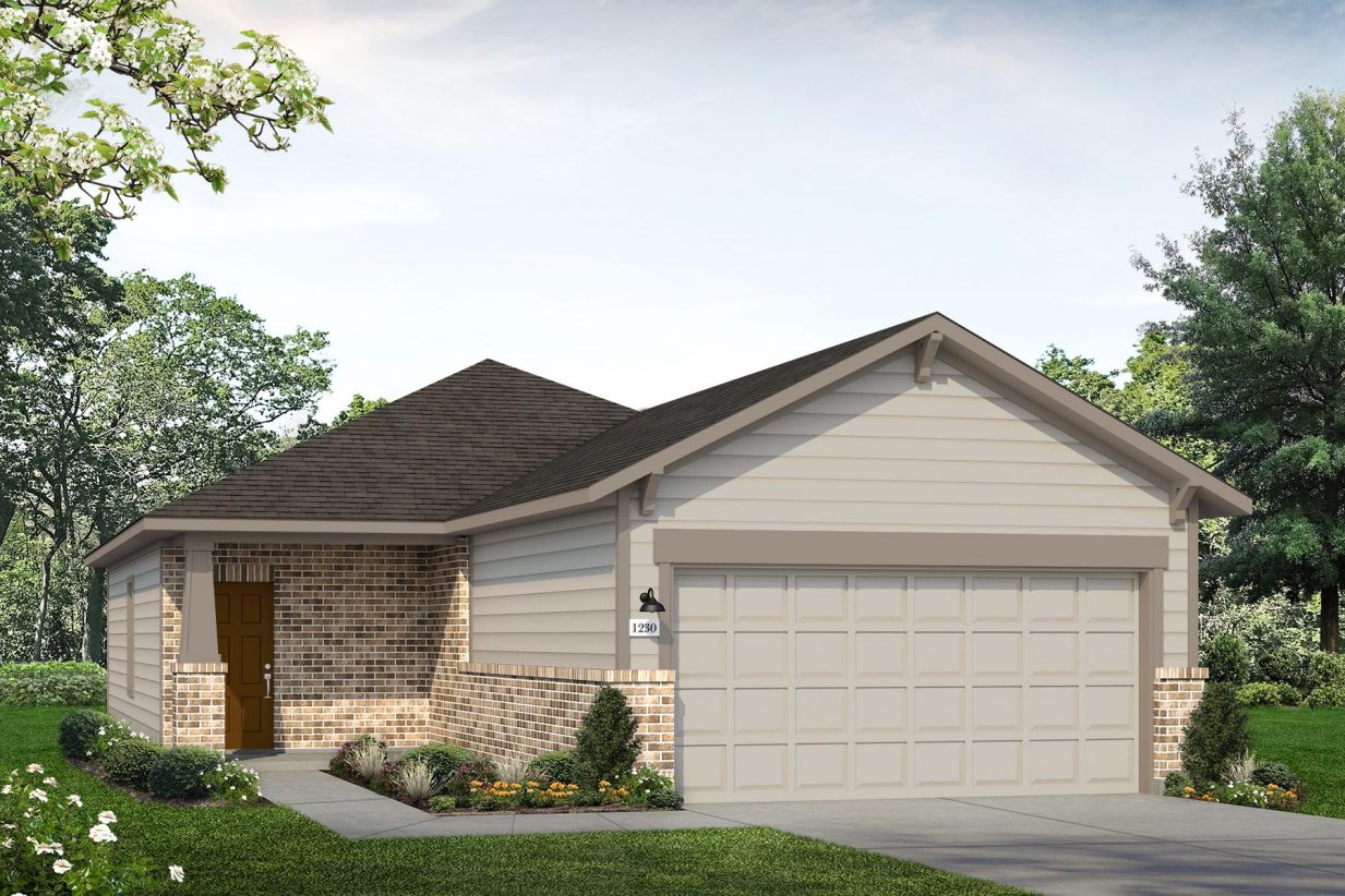 Rendering of one story home with two tone brown siding and accents, brick, and brown door