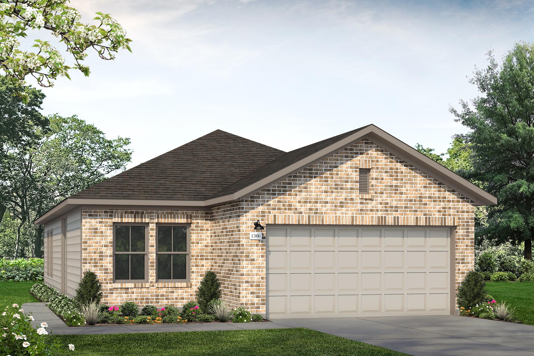 Rendering of one story home with light bright and two tone siding and trim