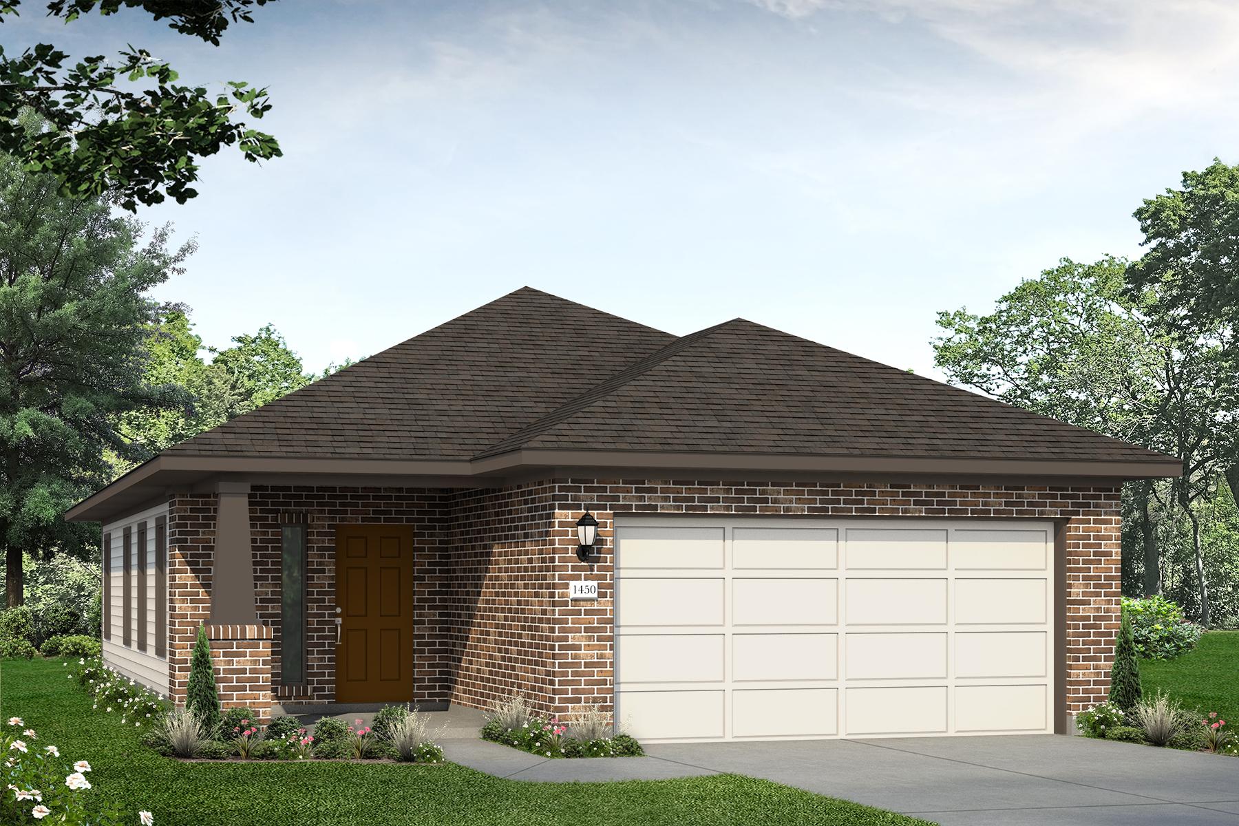 Rendering of one story home with brick front, brown front door, and light siding and garage