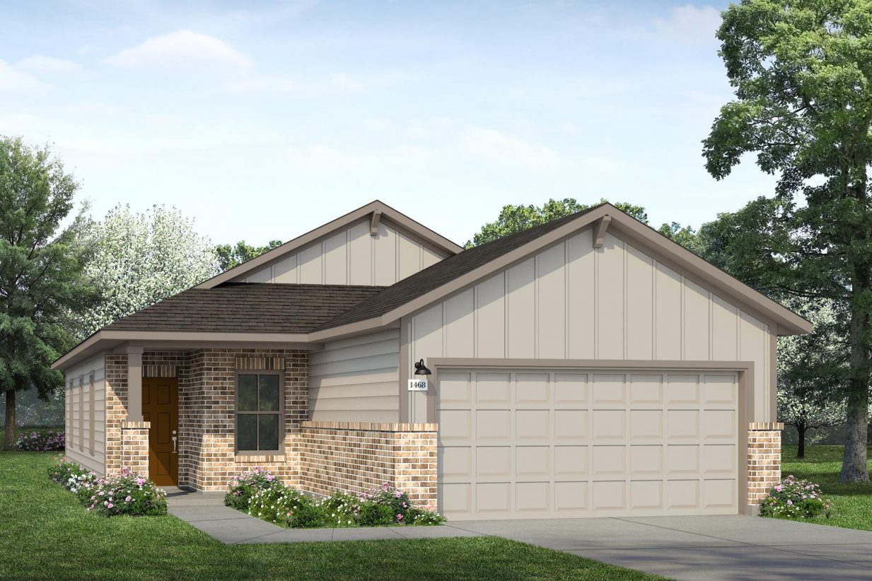 Rendering of one story home with two tone brown siding and accents, brick, and brown door