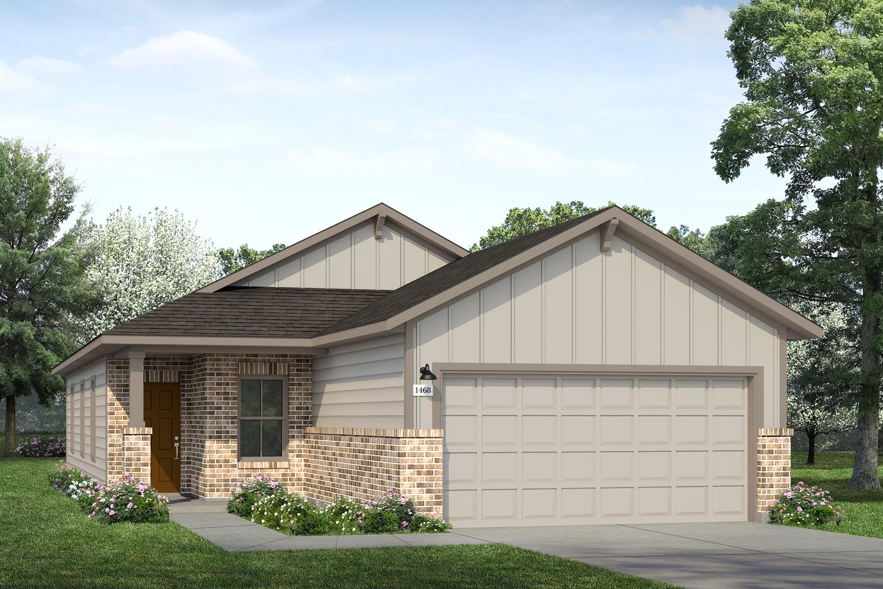 Rendering of one story home with two tone brown siding and accents, brick, and brown door
