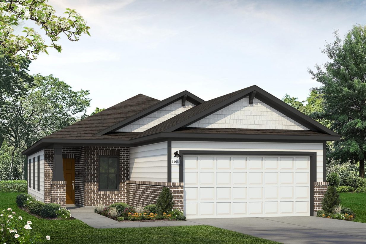Rendering of one story home with dark brick, white siding and garage, black accents, and brown door