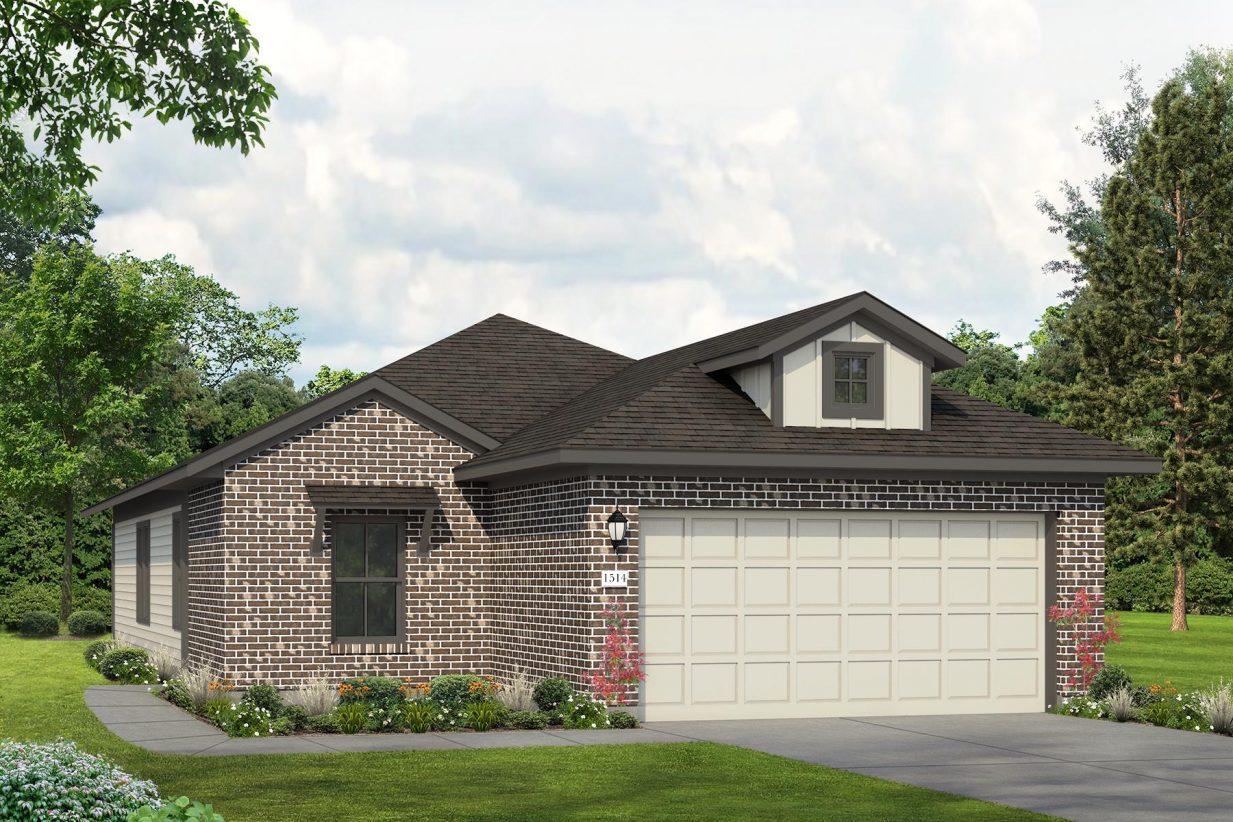 Rendering of one story home with dark brick and light side, door, and garage