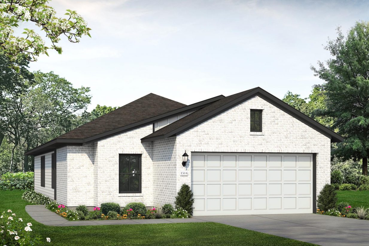Rendering of one story home with white brick and black accents