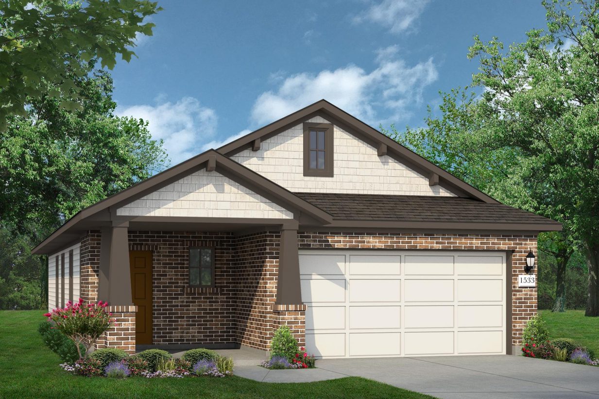 Rendering of one story home with brick, light siding and garage, and brown door