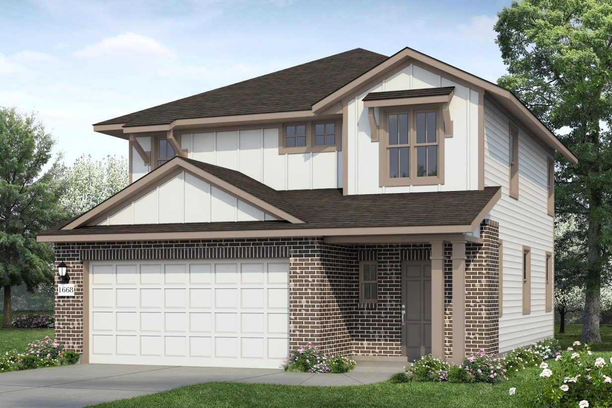 Rendering of two story home with dark brink, white siding and garage, and tan trim