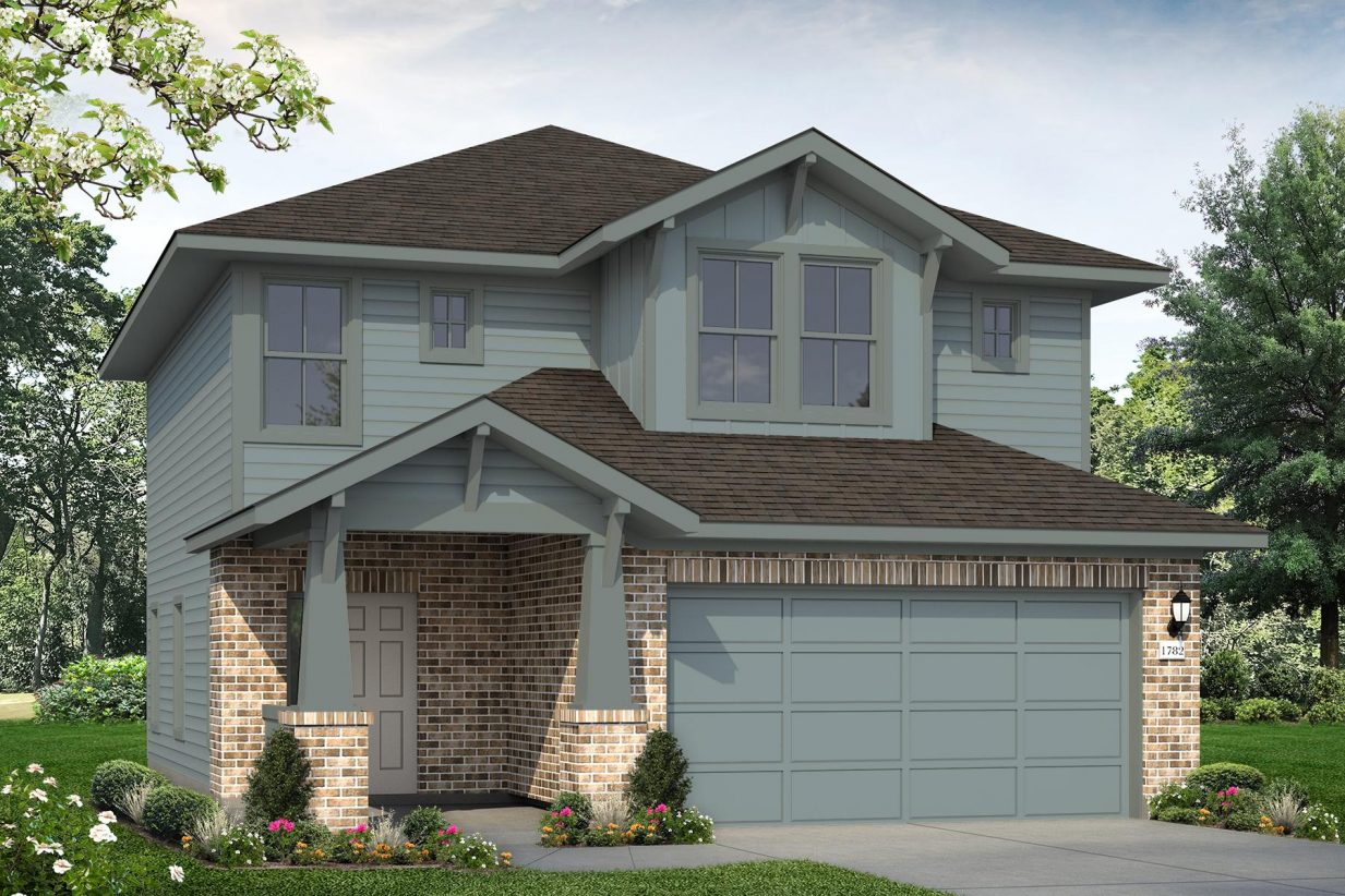 Rendering of two story home with orange tone brick and teal accent and garage
