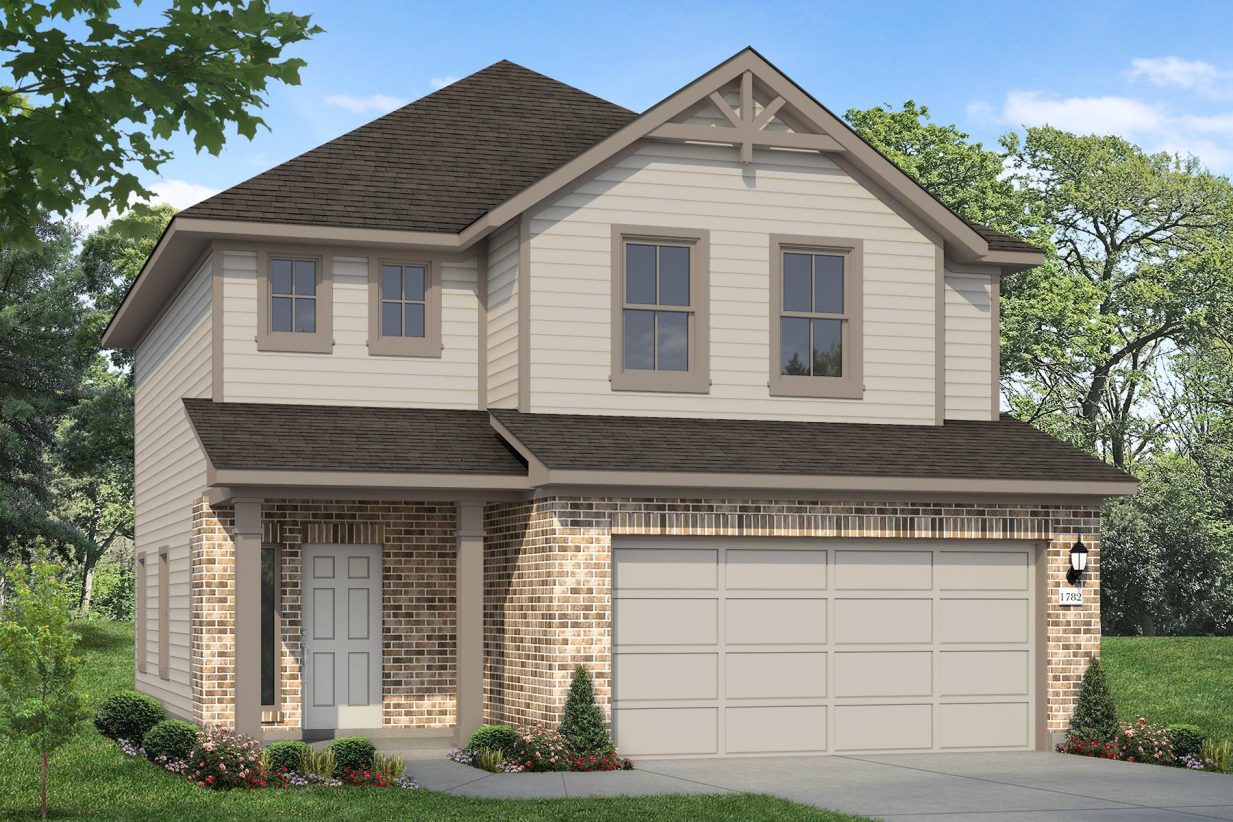 Rendering of two story home with orange tone brick and light brown accent and garage