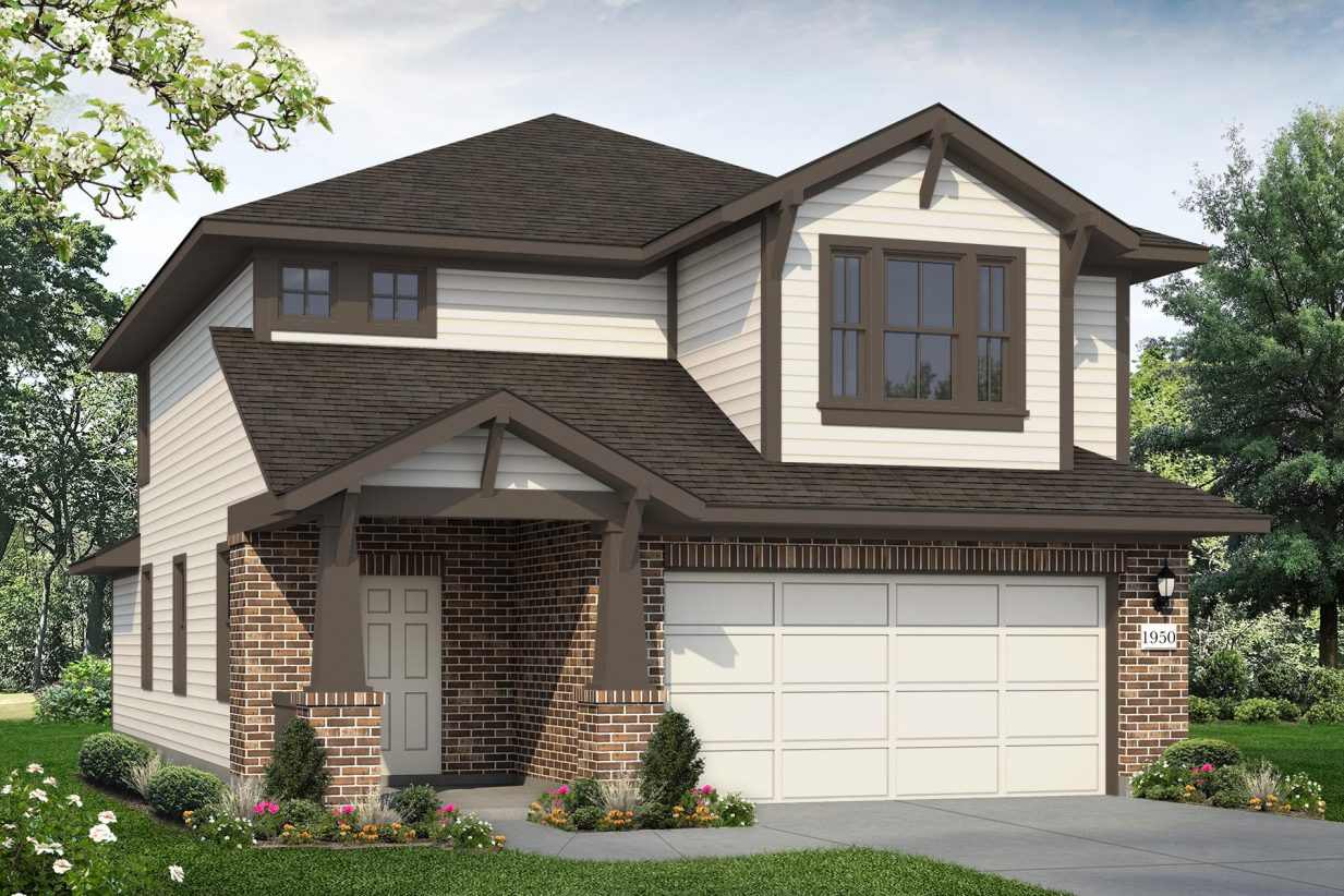 Rendering of two story home with brick and two tone brown accents