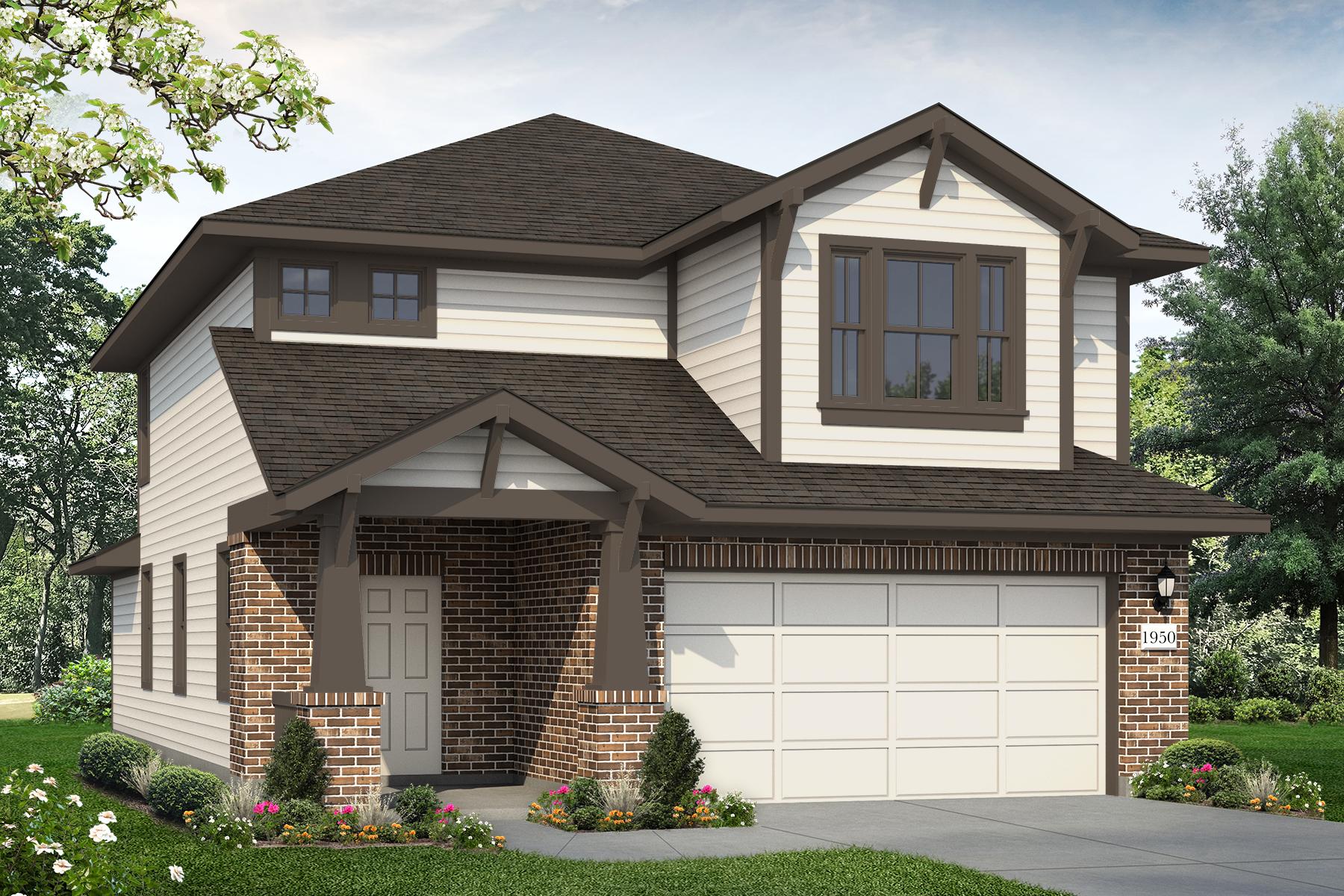 Rendering of two story home with brick and two tone brown accents