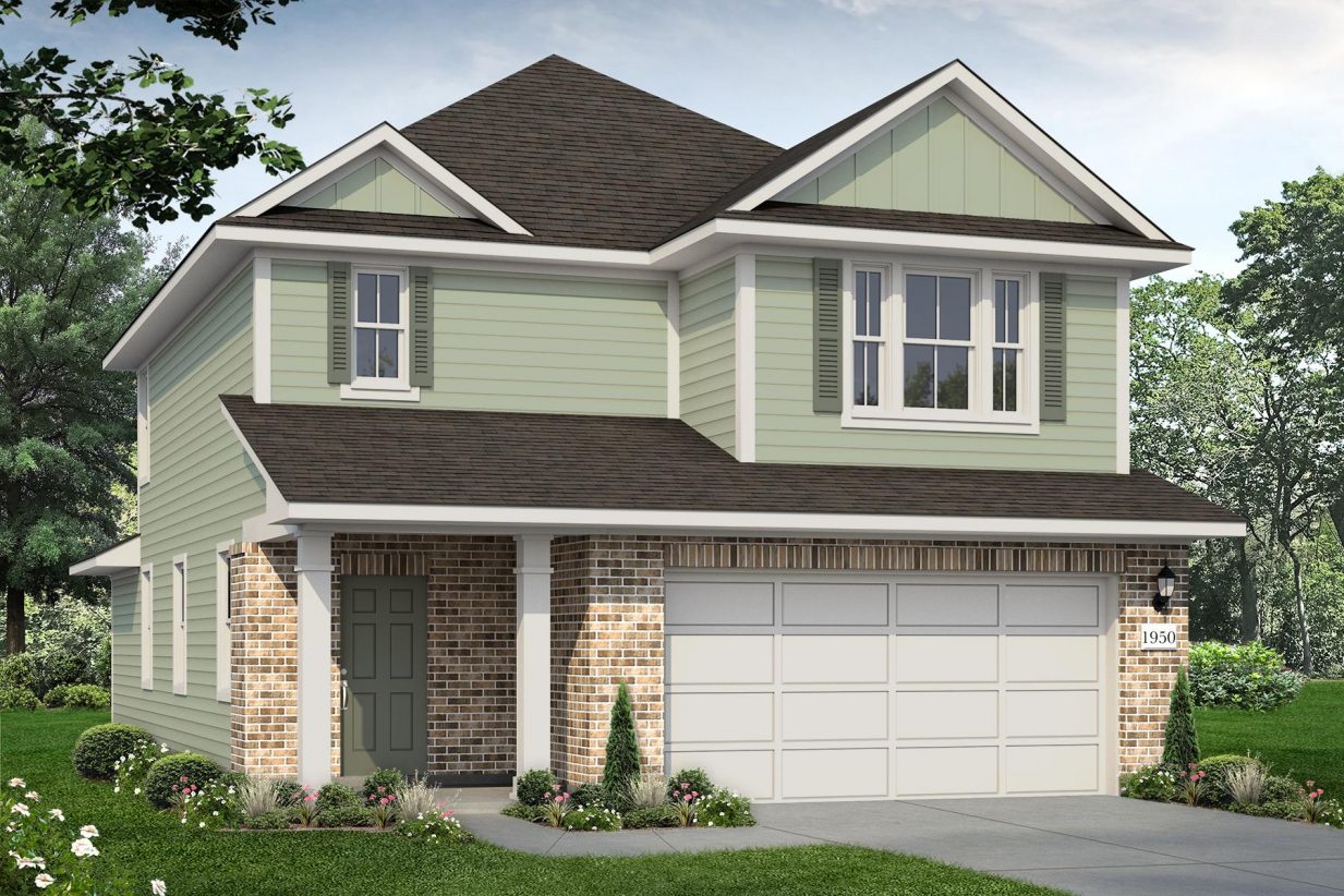 Rendering of two story home with orange tone brick and green accent