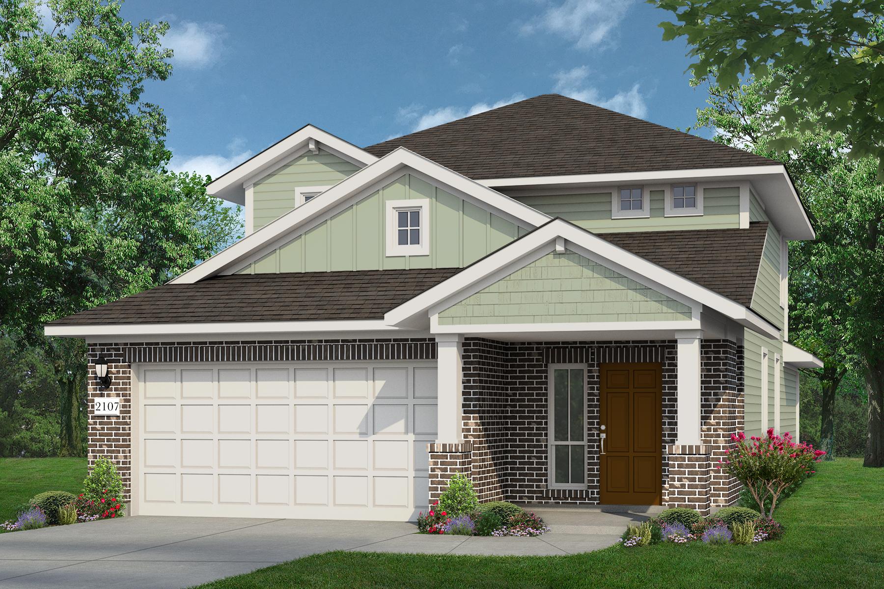 Rendering of two story home with brick, green siding, white accents and garage, and brown door