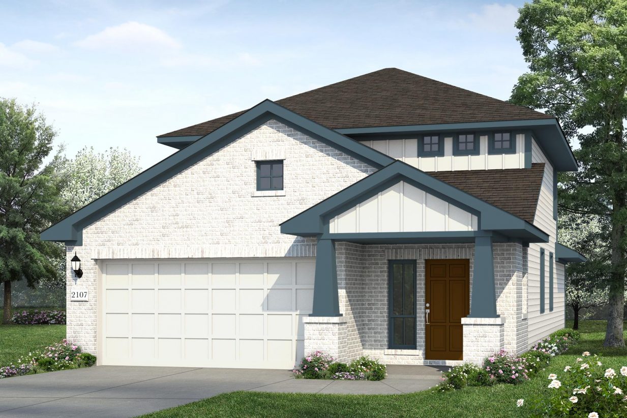 Rendering of two story home with white brick, siding, and garage, teal accents, and brown front door