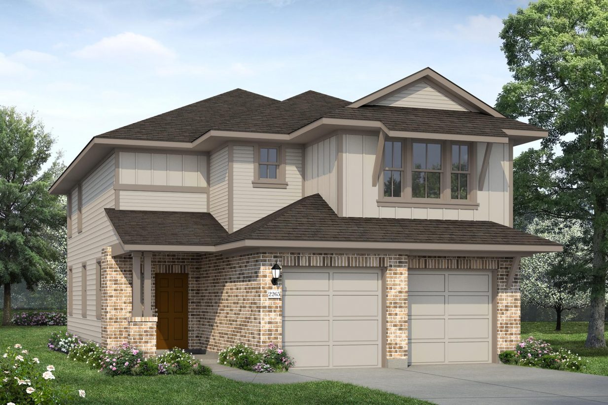 Rendering of two story home with light brick, two tone tan siding and accents, and brown front door