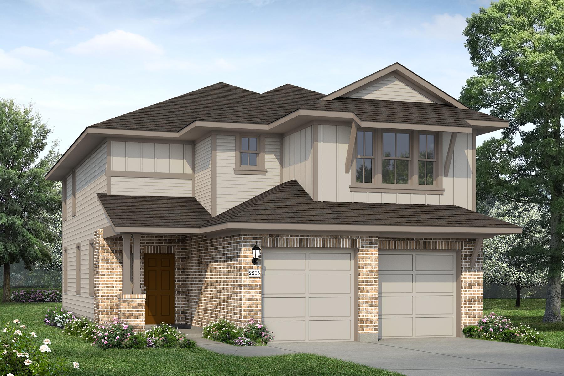 Rendering of two story home with light brick, two tone tan siding and accents, and brown front door
