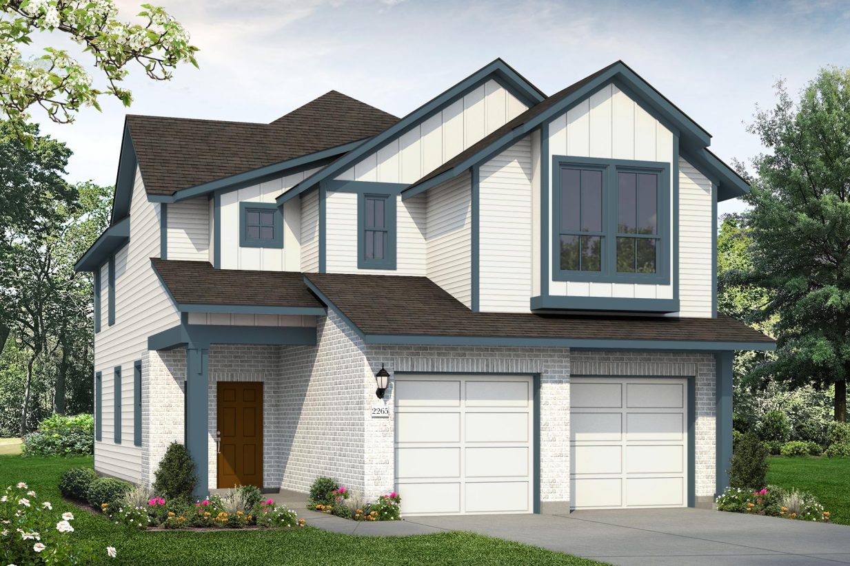 Rendering of two story home with white brick, siding, and garage, teal accents, and brown front door