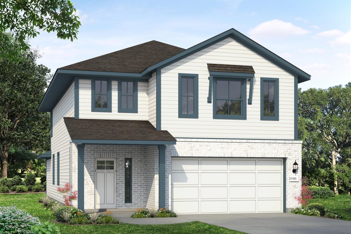 Rendering of two story home with white brick and siding with teal accents