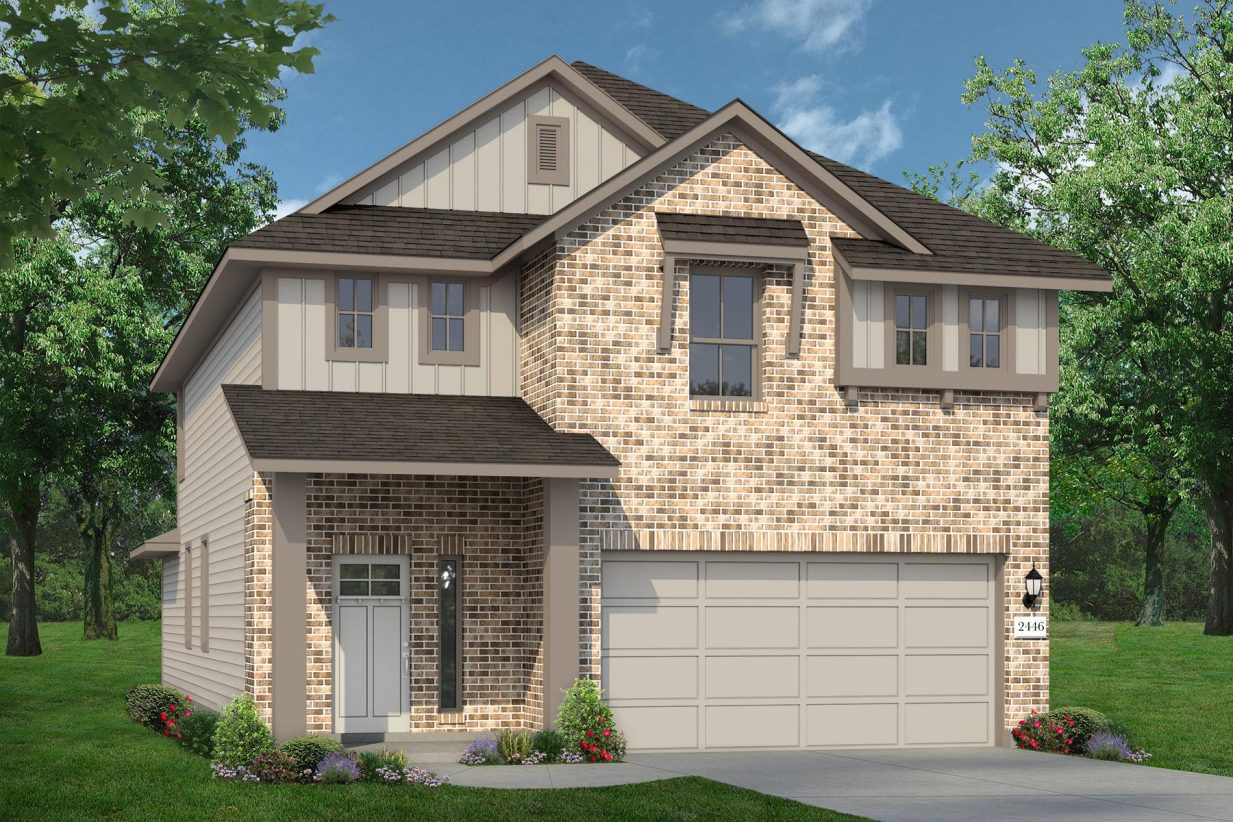 Rendering of two story home with light brick with two tone tan accents