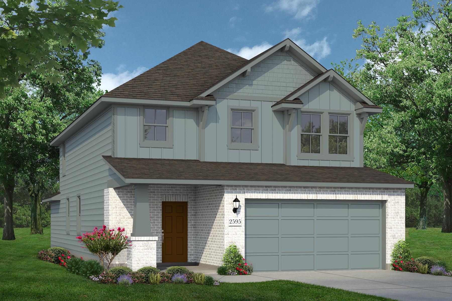 Rendering of two story home with white brick, brown door, and teal accents and garage