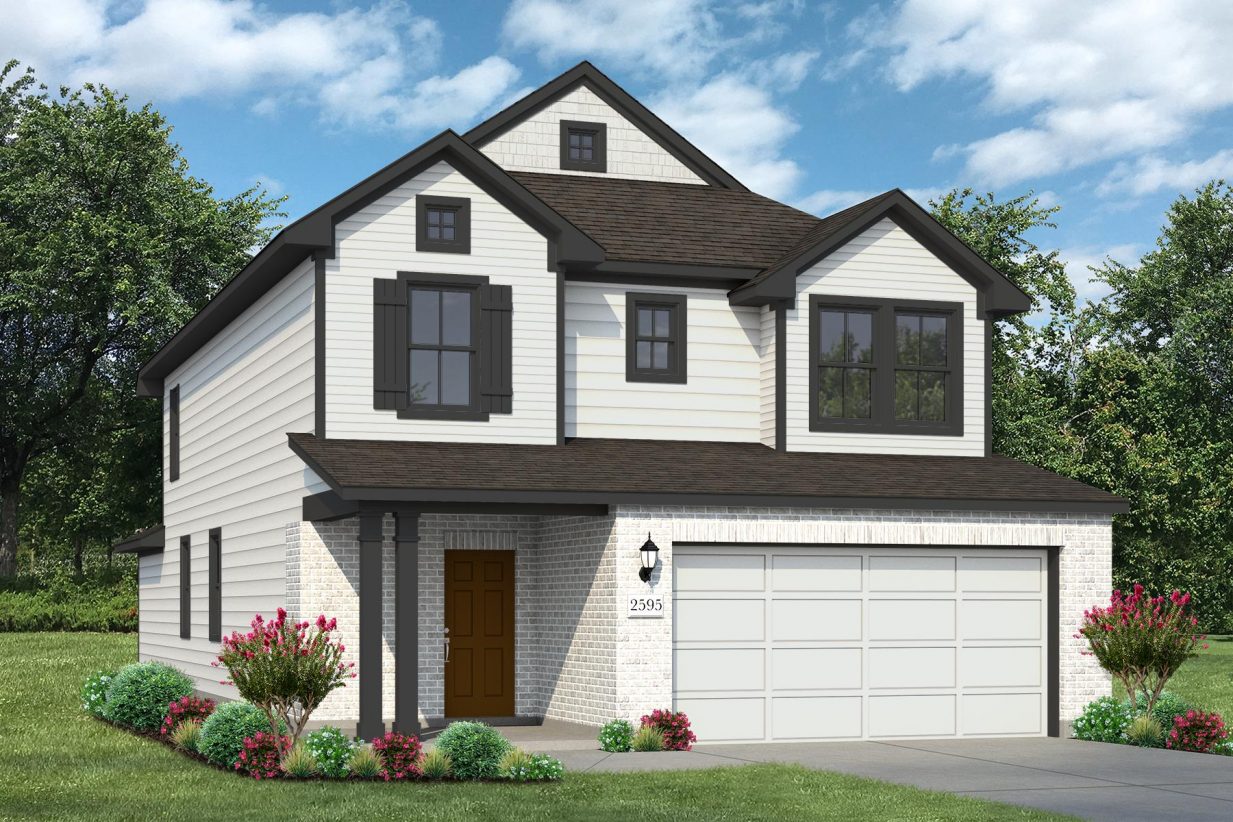 Rendering of two story home with white brick, siding, and garage, black accents, and brown front door